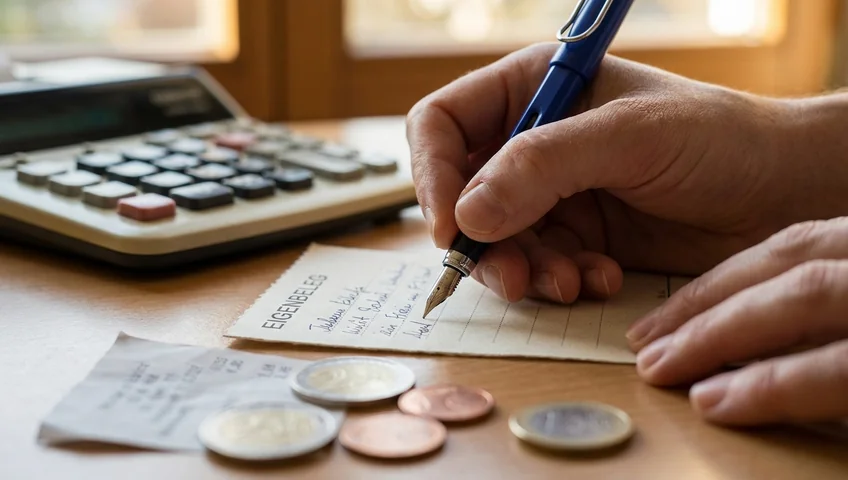 Hand schreibt Eigenbeleg mit blauem Füller, Euro-Münzen und Taschenrechner auf dem Tisch