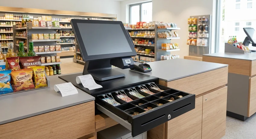 Moderner Einzelhandel-Kassenbereich mit Kassensystem und TSE-Modul