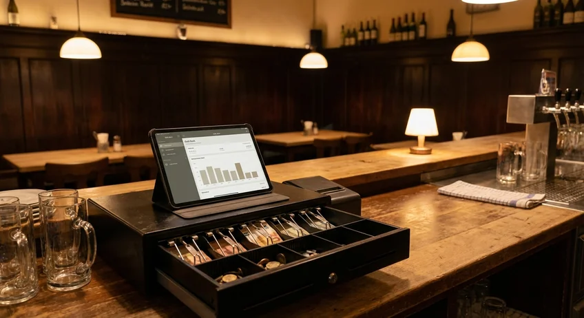 Gastronomie-Kassenbereich mit Kassenlade und Euro-Bargeld am Ende des Tages