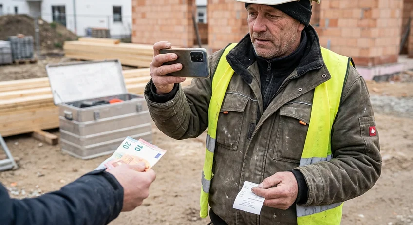 Handwerker auf der Baustelle erfasst Barzahlung per Smartphone