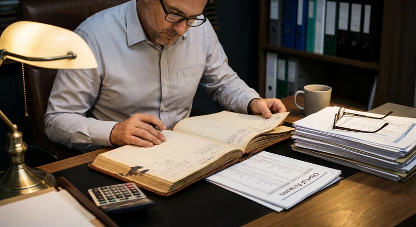 Buchhalter erstellt Buchungssätze für das Kassenbuch am Schreibtisch mit Kontenrahmen