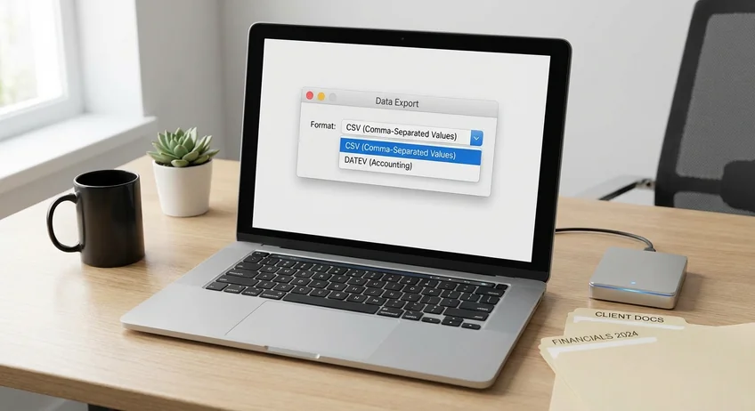 Laptop-Bildschirm zeigt DATEV-Export-Dialog mit CSV- und DATEV-Formatoptionen