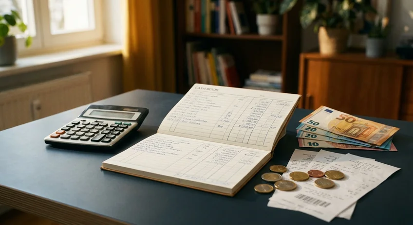 Unternehmer bucht Einnahmen und Ausgaben im Kassenbuch am Schreibtisch