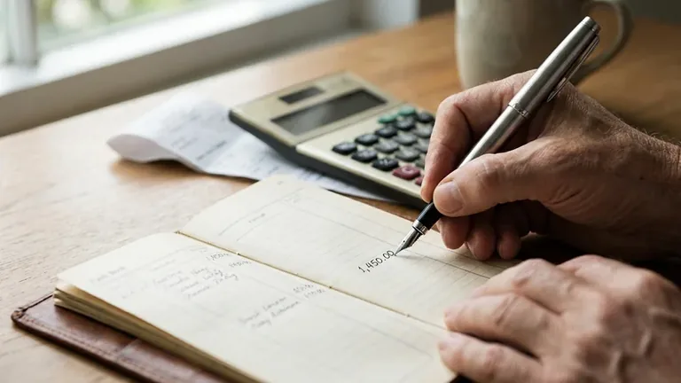 Nahaufnahme von Händen beim Eintragen in ein Kassenbuch