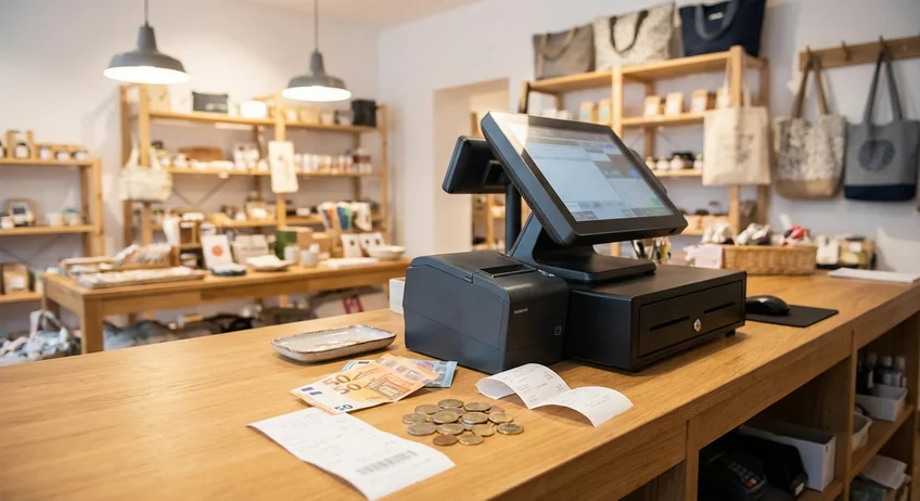 Ladentheke im Einzelhandel mit Kassensystem und Bargeld