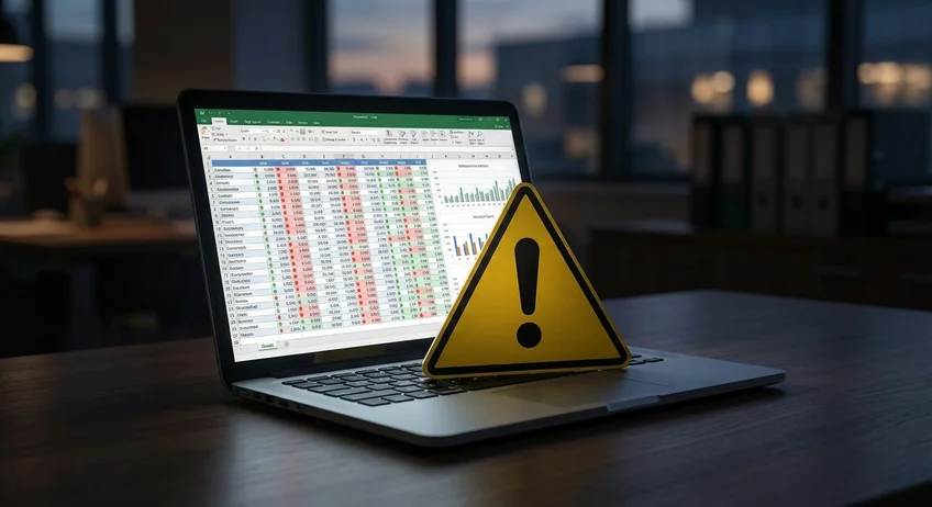 Warnschild mit Ausrufezeichen neben einem Excel-Kassenbuch auf dem Bildschirm