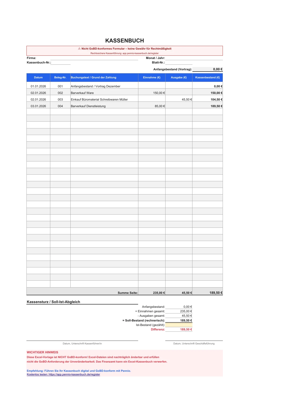 Kassenbuch Excel-Vorlage – kostenloses Muster mit automatischer Saldo-Berechnung und allen Pflichtspalten: Datum, Beleg-Nr., Buchungstext, Einnahme, Ausgabe und Kassenbestand