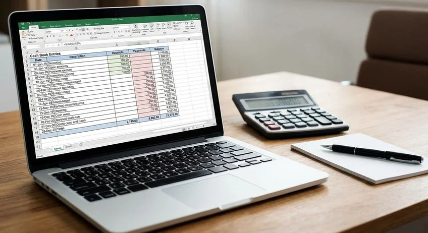 Laptop-Bildschirm zeigt Excel-Tabelle mit Kassenbuch-Einträgen und Formeln