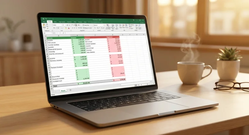 Kassenbuch in Excel auf dem Laptop-Bildschirm mit Tabelle und Formeln