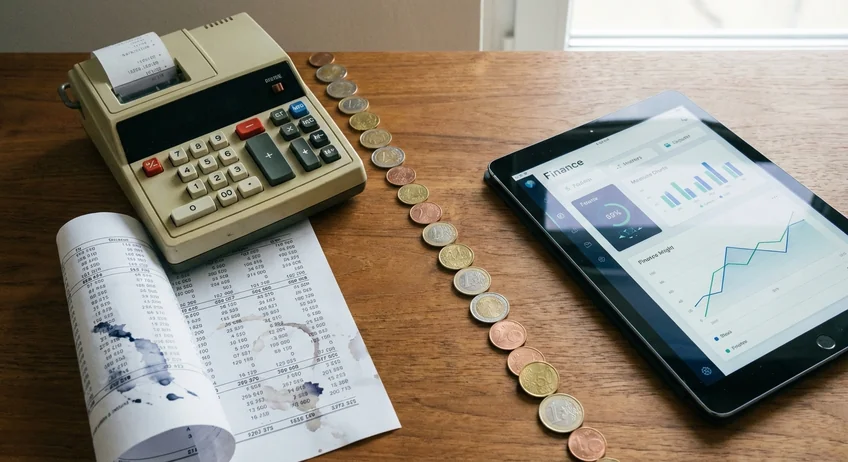 Konzeptbild Entscheidung zwischen altem Taschenrechner mit Tabelle und modernem Tablet mit App