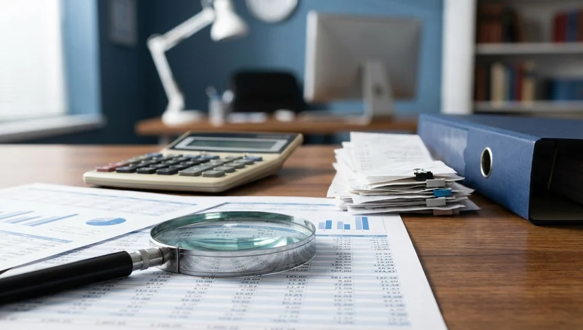 Lupe über Finanzdokumenten mit Taschenrechner und blauem Ordner auf Schreibtisch