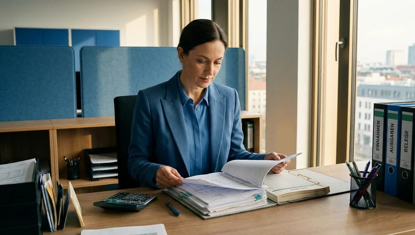 Steuerprüfer kontrolliert Kassenbuch-Unterlagen bei einer Betriebsprüfung