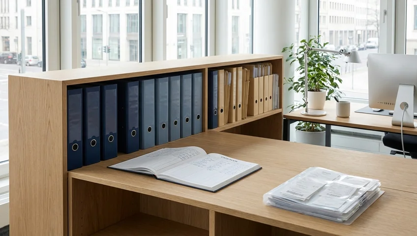 Ordentlich sortierte blaue Ordner mit Geschäftsunterlagen für die Betriebsprüfung