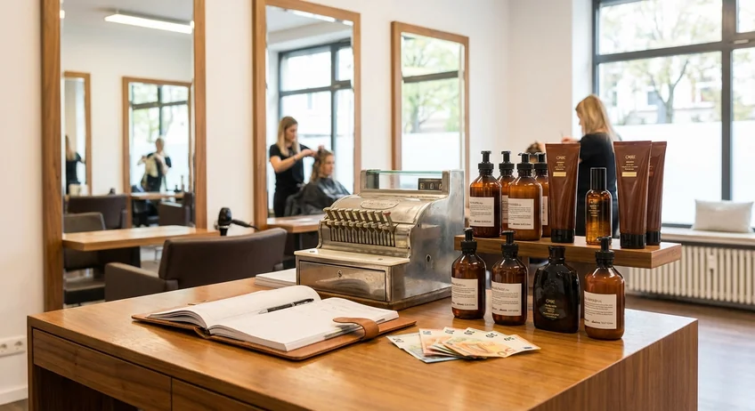 Friseur-Kasse mit Terminbuch, Bargeld und Belegen