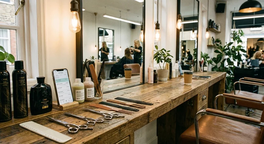 Kassenbuch-App auf Smartphone neben Friseurbedarf