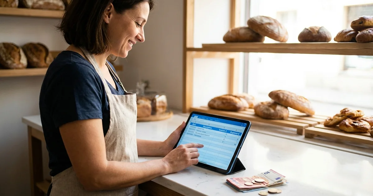 Unternehmerin führt digitales Kassenbuch auf Tablet im Geschäft