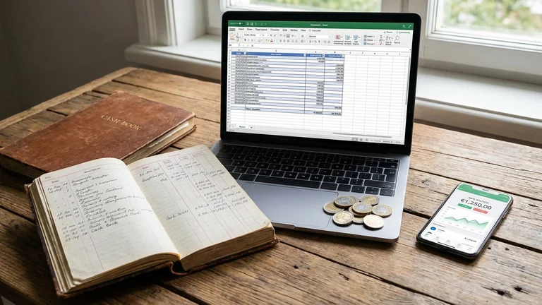 Vergleich der Kassenbuch-Methoden: Papierbuch, Excel-Tabelle und App auf Smartphone