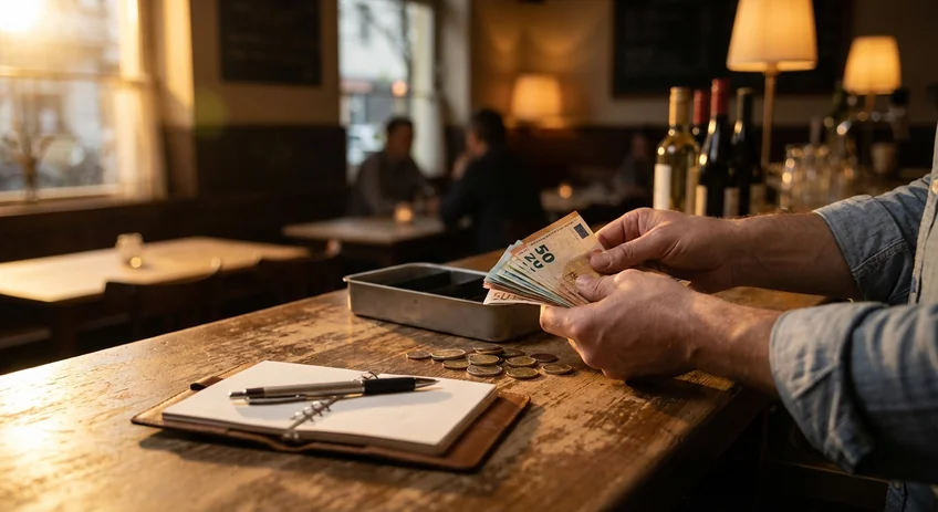 Kellner zählt Bargeld am Ende des Tages für den Kassenbericht