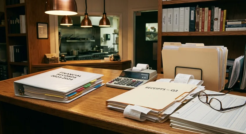 Finanzbeamter prüft Kassenbuch und Belege bei einer Betriebsprüfung in einem Restaurant
