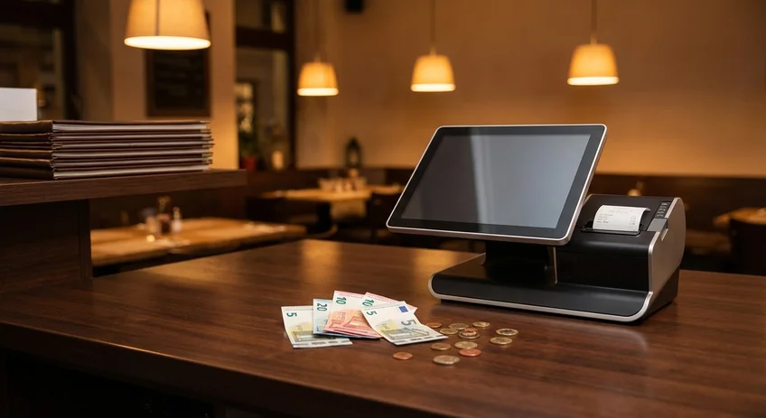Theke eines Restaurants mit Kassensystem, Belegen und Bargeld