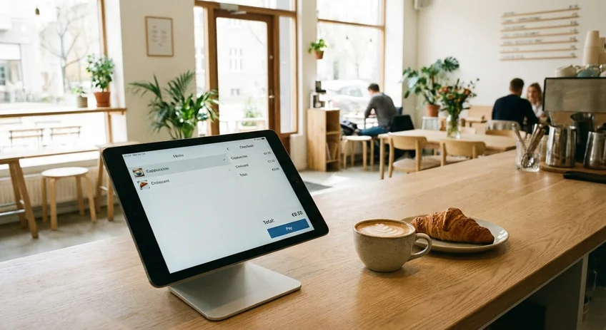 Kassensystem in einem Café zeigt Umsatzsteuer-Aufteilung für Speisen und Getränke