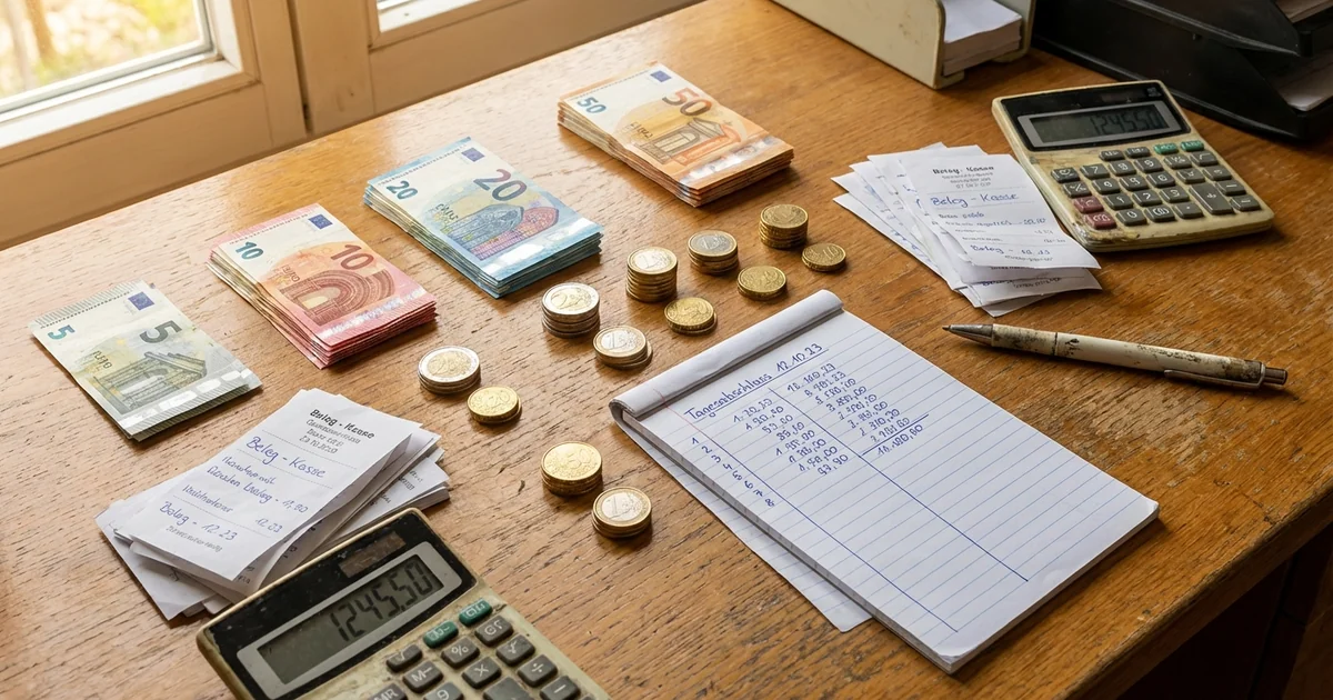 Kassensturz mit Taschenrechner, Belegen und Euro-Bargeld auf dem Schreibtisch