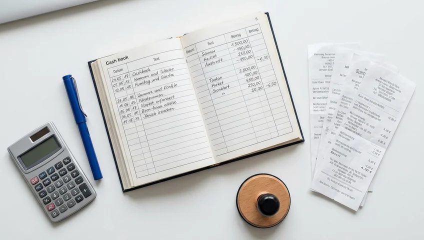 Aufgeschlagenes Kassenbuch mit handschriftlichen Einträgen, Taschenrechner und Belegen