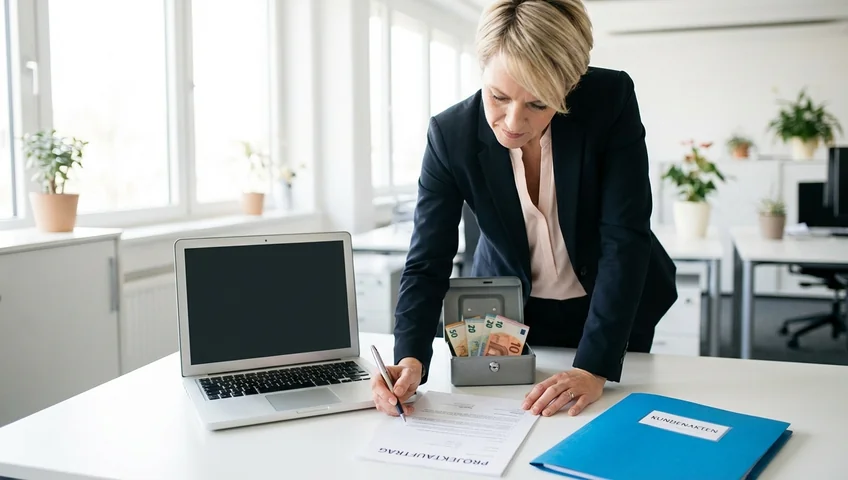 Unternehmer prüft GoBD-konformes Kassenbuch am Laptop mit Checkliste