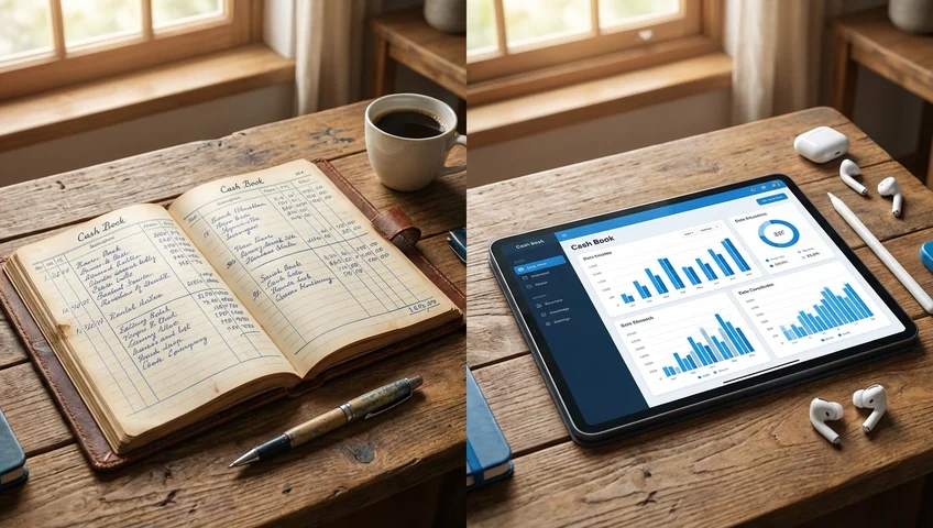 Vergleich Kassenbuch-Methoden: Papier-Kassenbuch links und digitales Kassenbuch auf Tablet rechts