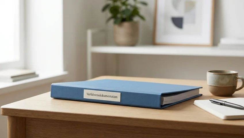 Blauer Ordner mit Aufschrift Verfahrensdokumentation auf einem Schreibtisch