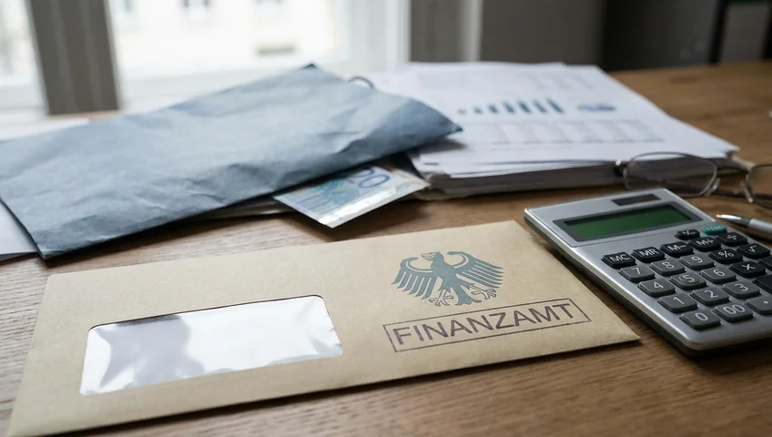 Brief vom Finanzamt mit Bundesadler neben Taschenrechner und Finanzunterlagen