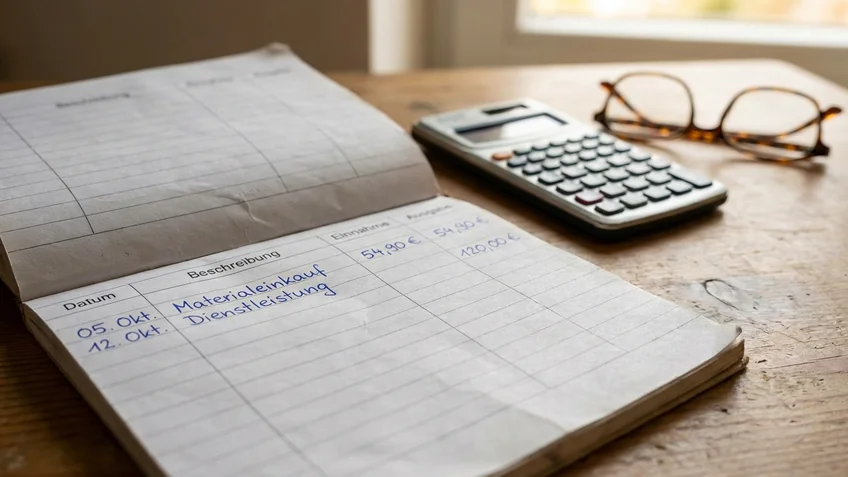 Handschriftliches Kassenbuch auf dem Schreibtisch mit Kugelschreiber und Taschenrechner