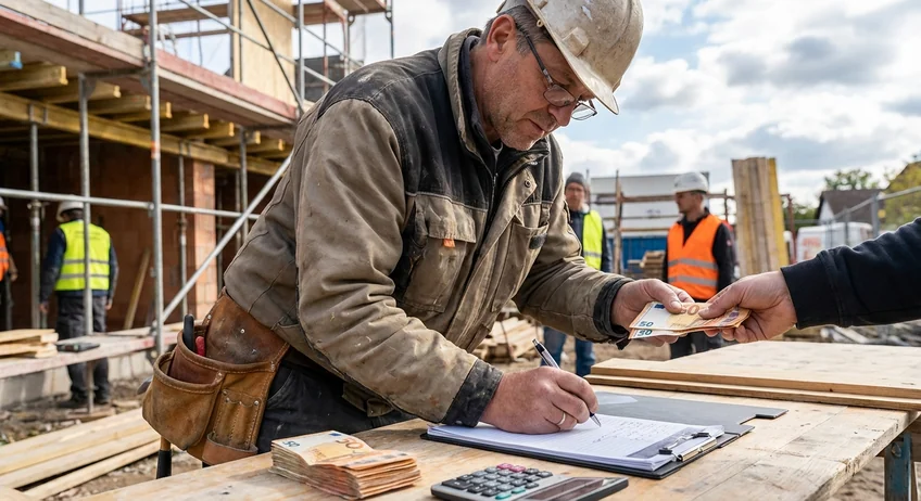 Handwerker mit Quittungsblock und Bargeld auf der Baustelle
