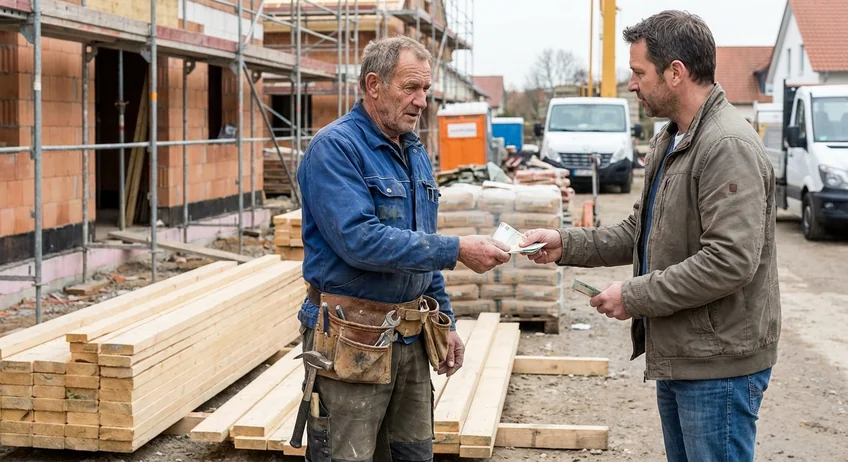 Handwerker auf einer Baustelle mit Werkzeuggürtel und Bargeld für Materialkosten