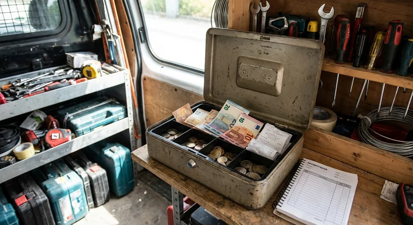 Geldkassette im Werkstattwagen eines Handwerkers mit Belegen und Quittungsblock