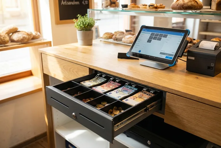 Kassensystem mit geöffneter Kassenschublade und Euro-Bargeld in einer Bäckerei