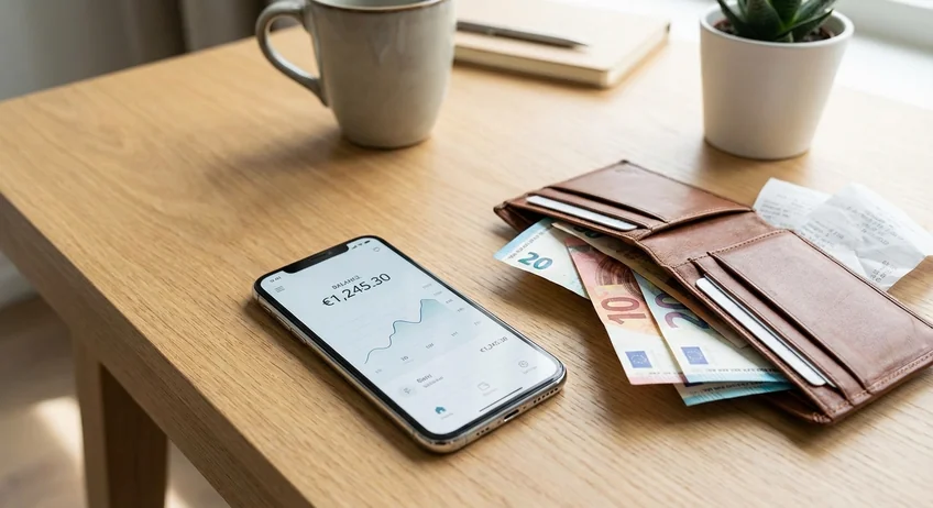 Smartphone mit Kassenbuch-App neben Geldbörse und Quittungen