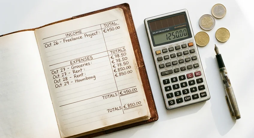 Kassenbuch mit Einnahmen und Ausgaben neben Taschenrechner