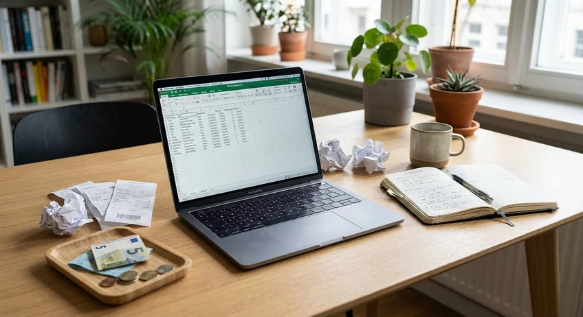 Freiberufler am Schreibtisch mit Laptop, Kassenbuch und Belegen