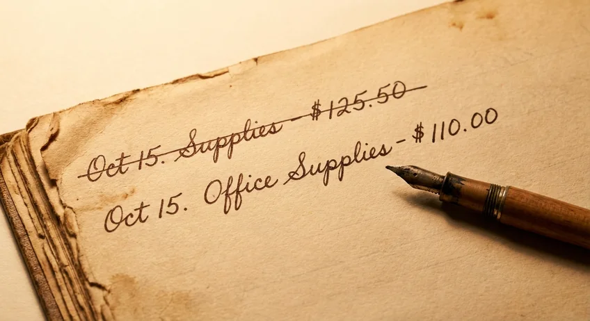 Unternehmer korrigiert einen fehlerhaften Kassenbuch-Eintrag mit einer Stornobuchung