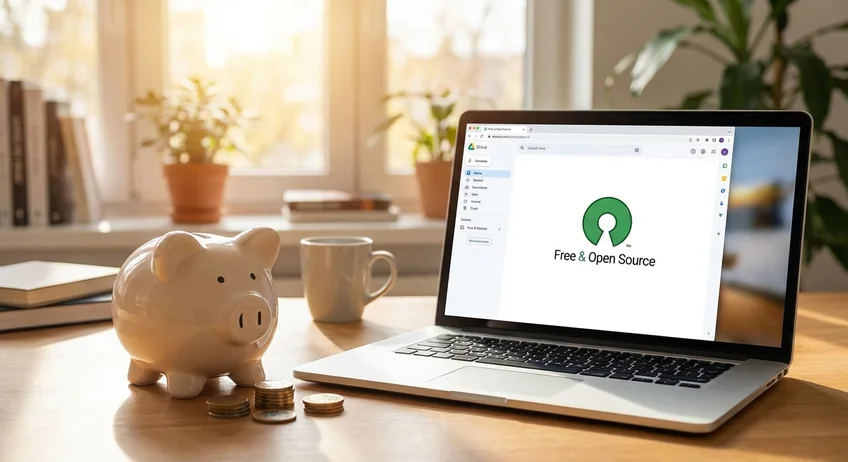 Sparschwein neben Laptop mit kostenloser Kassenbuch-Software