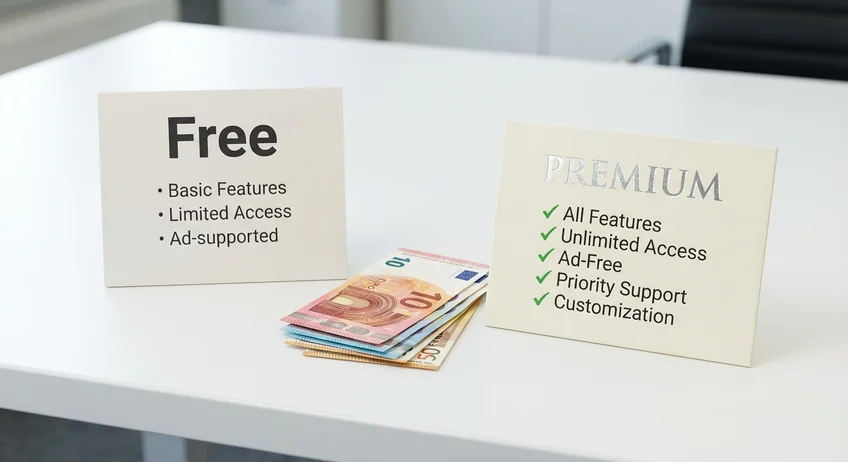 Zwei Preiskarten für Free und Premium auf Schreibtisch mit Euro-Münzen als Kostenvergleich
