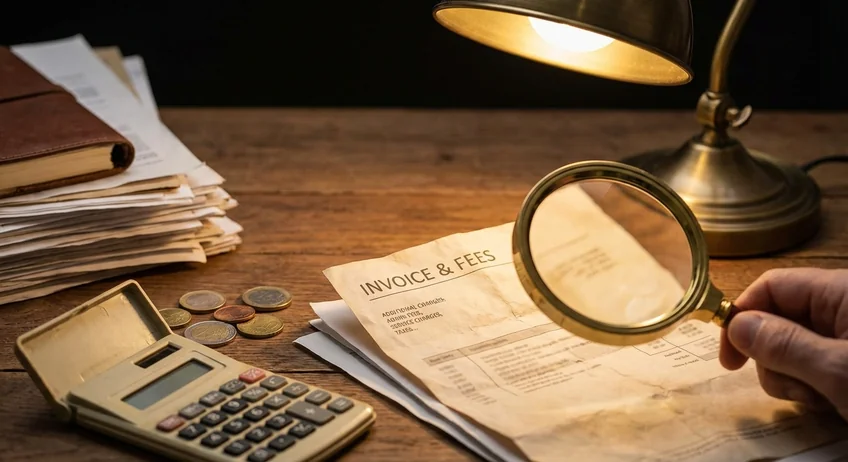 Lupe über Preisliste mit Kleingedrucktem, Konzept versteckte Kosten