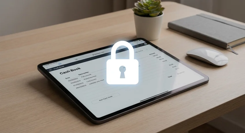 Digitales Kassenbuch mit Schloss-Symbol als Zeichen für Manipulationssicherheit