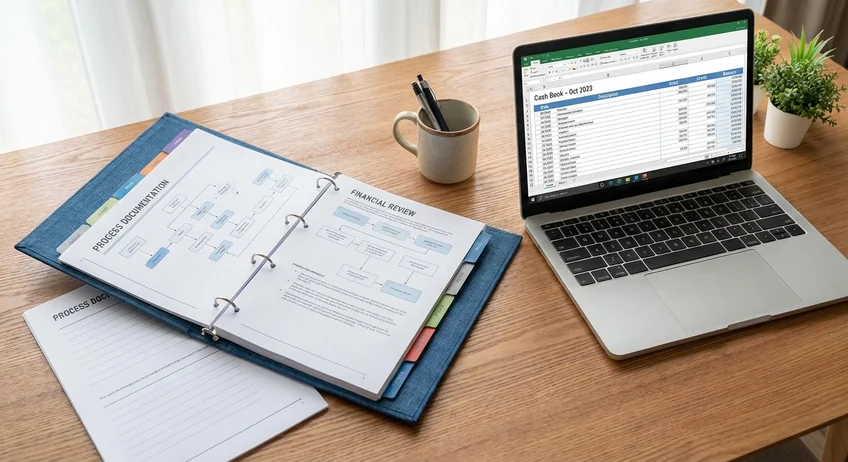 Verfahrensdokumentation im Ordner neben Laptop mit Kassenbuch-Software