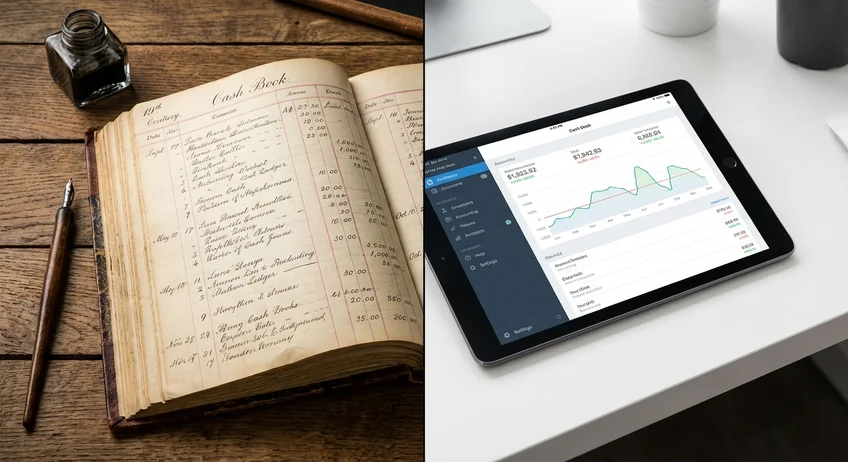 Vergleich: Papier-Kassenbuch neben Tablet mit digitaler Kassenbuch-App