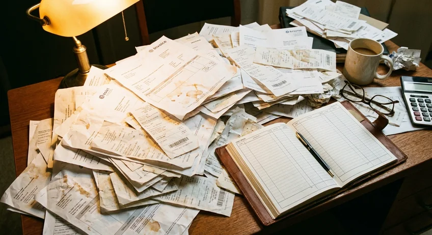 Unternehmer sammelt Belege und Kontoauszüge zur Rekonstruktion des Kassenbuchs