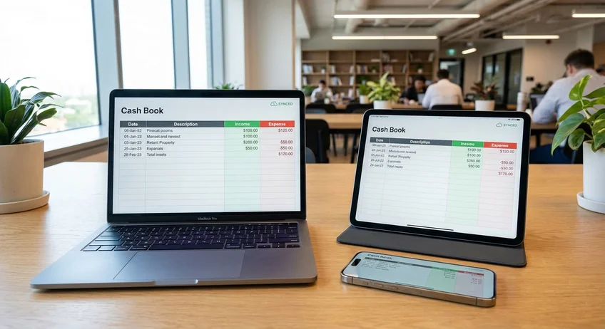 Mehrere Geräte auf Schreibtisch zeigen synchronisiertes Kassenbuch über Cloud