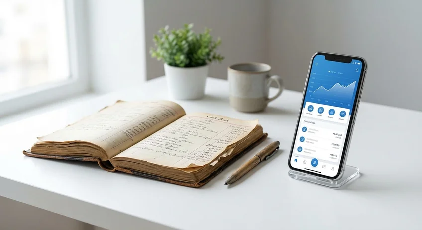 Smartphone mit digitaler Kassenbuch-App neben einem alten Papier-Kassenbuch
