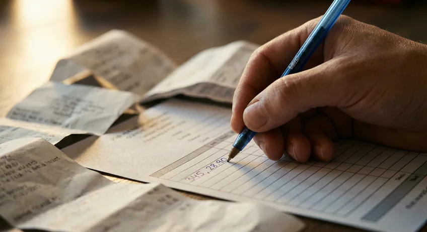 Hand füllt Kassenbuch-Formular mit Kugelschreiber aus, Belege daneben